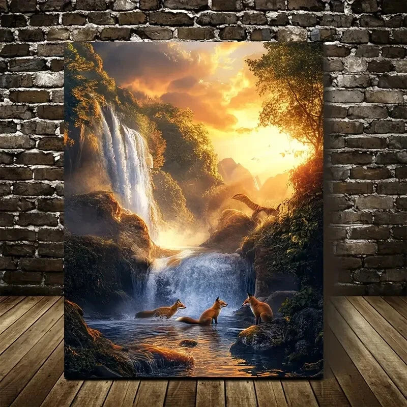 Dreamy Foxes Playing Near Crystal Clear Waterfall 40x60cm Metal Print Ready to Hang