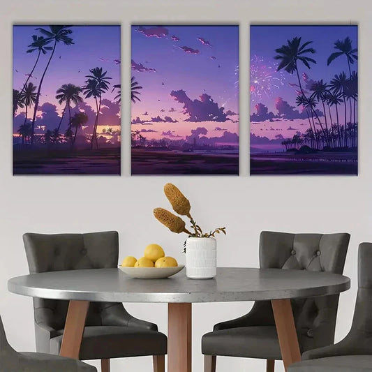 3pcs Tropical Night Sky Fireworks and Coconut Tree Metal Print Ready to Hang Art