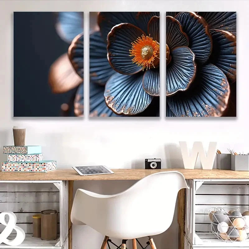 3pcs Metallic Blue Flower With Orange Center Wal1l Art Set Canvas Framed 40x60cm - High Quality Print 100% Australian Made Wall Canvas Ready to Hang