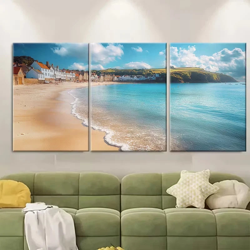 3pcs Blue Skies Over Looe Beach England Metal Print Ready to Hang Art