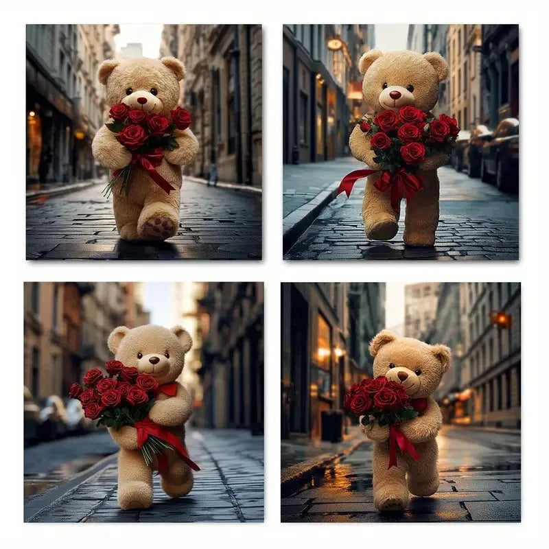 4pcs Bear roseWall Art Canvas Framed