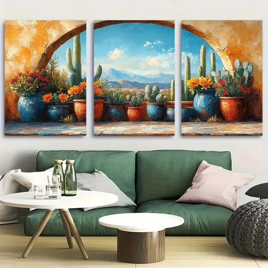 3pcs Colorful Cacti and Pots Desert Archway Scene Metal Print Ready to Hang Art