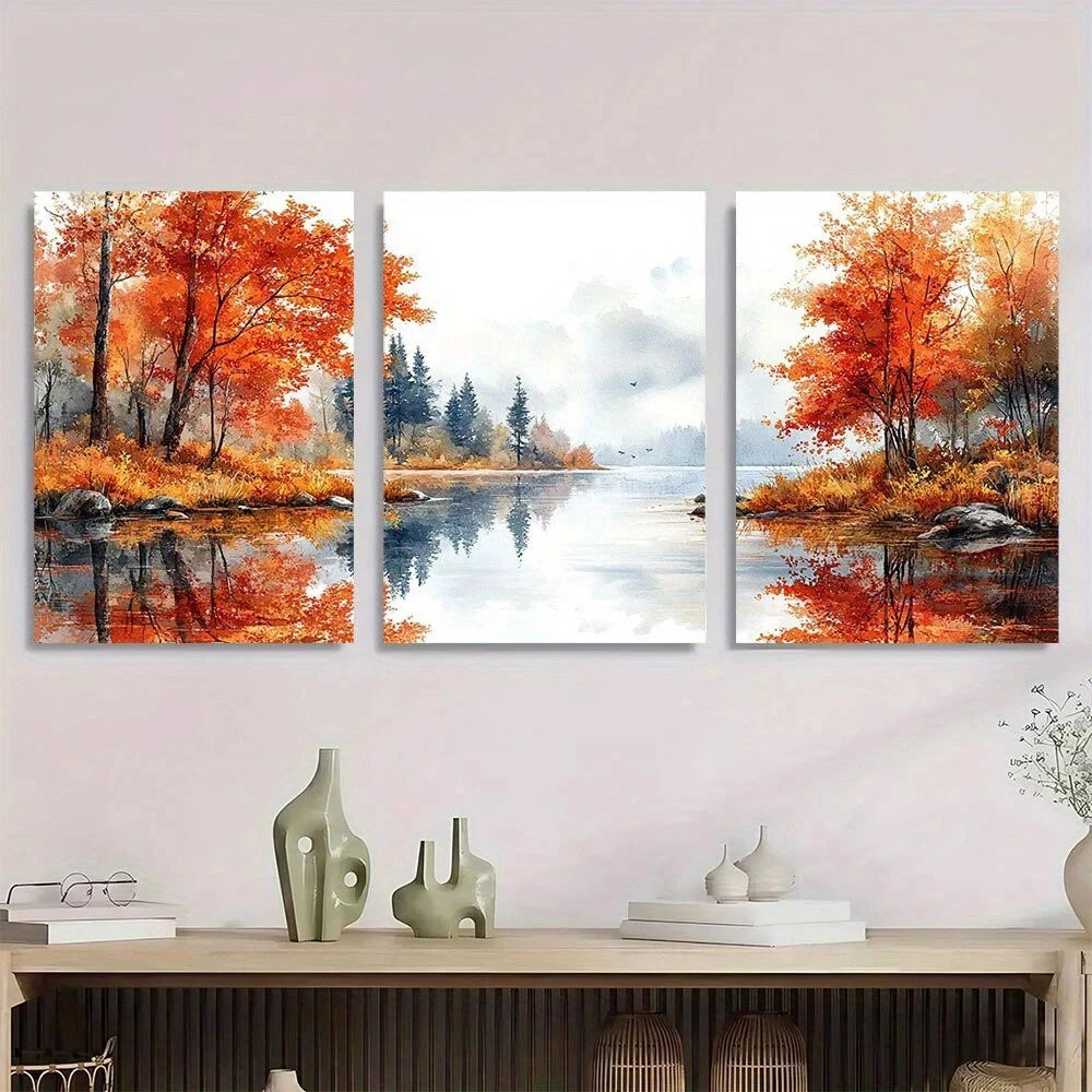 3pcs Autumn Forest Red Trees by Serene Lake Metal Print Ready to Hang Art