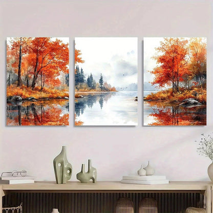 3pcs Autumn Forest Red Trees by Serene Lake Metal Print Ready to Hang Art