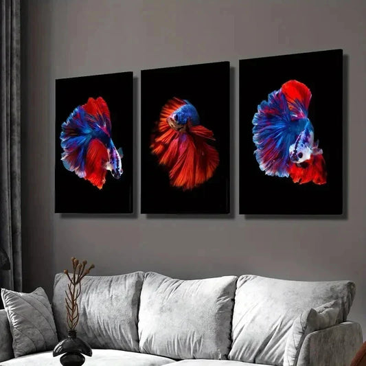 3pcs Vibrant Blue & Red Siamese Fighting Fish Wall Art Canvas Unframed – High Quality Print 100% Australian Made Wall Canvas