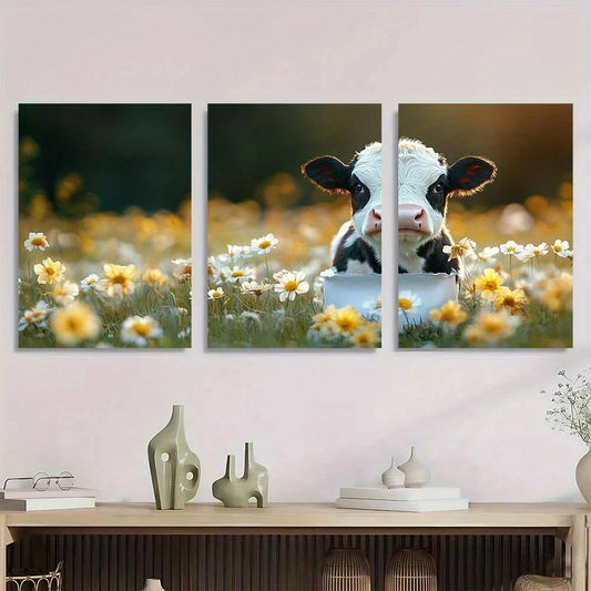 3pcs Cute Black & White Land Whimsical Cow Metal Print Ready to Hang Art