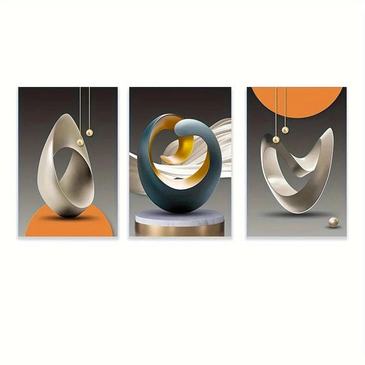 Three abstract sculptures on a white background