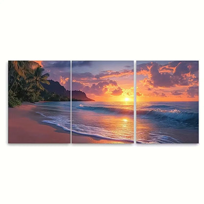 3pcs Vivid Hawaiian Tropical Sunrise Seascape Metal Print Ready to Hang Art