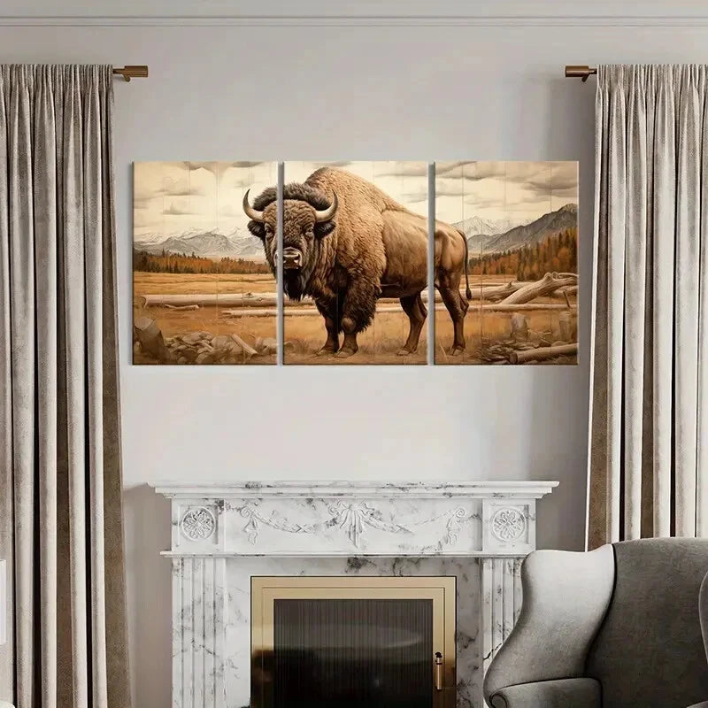 3pcs Bison Landscape Art Mountain Wildlife Scene Metal Print Ready to Hang Art