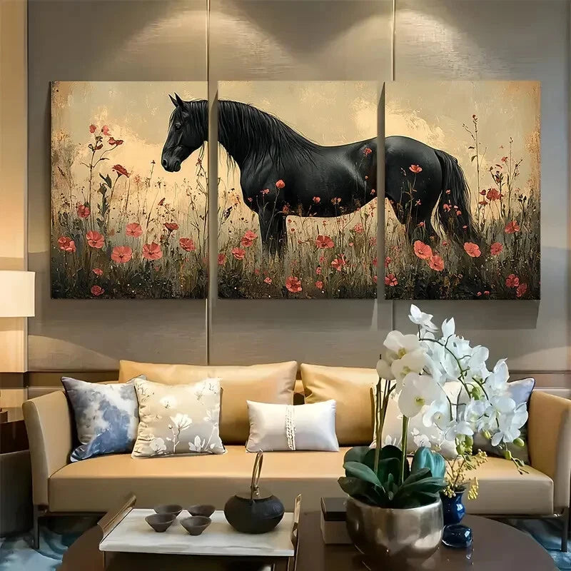 3pcs Dark Academia Equestrian Horse with Florals Metal Print Ready to Hang Art