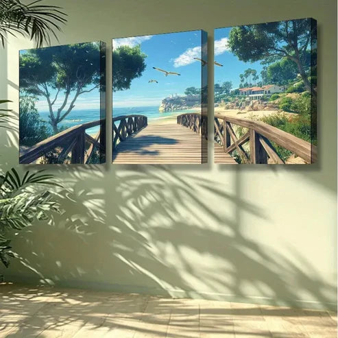 3pcs Beach Scene with Wooden Bridge Palm Trees Wall Art Set Canvas Unframed - High Quality Print 100% Australian Made Wall Canvas