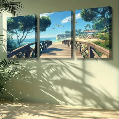 3pcs Beach Scene with Wooden Bridge Palm Trees Wall Art Set Canvas Unframed - High Quality Print 100% Australian Made Wall Canvas