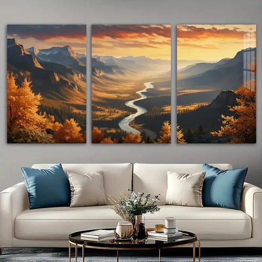 3pcs Stunning Mountain Peaks Forest River Sunset Metal Print Ready to Hang Art