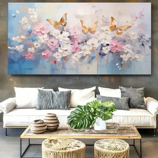 Modern Minimalist Floral Blue Wall Art Canvas Office Home Room Framed 120x60cm