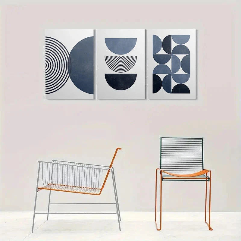 3pcs Abstract Geometric Blue and White Metal Print Ready to Hang Art