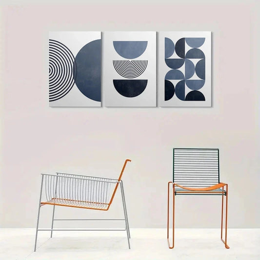 3pcs Abstract Geometric Blue and White Metal Print Ready to Hang Art