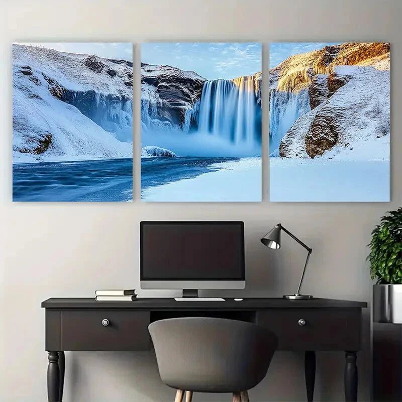 3pcs Skogafoss Icelandic Waterfall Winter Scene Metal Print Ready to Hang Art