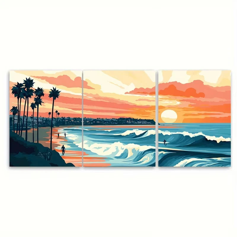 3pcs California Beach Scene with Palm Trees Metal Print Ready to Hang Art