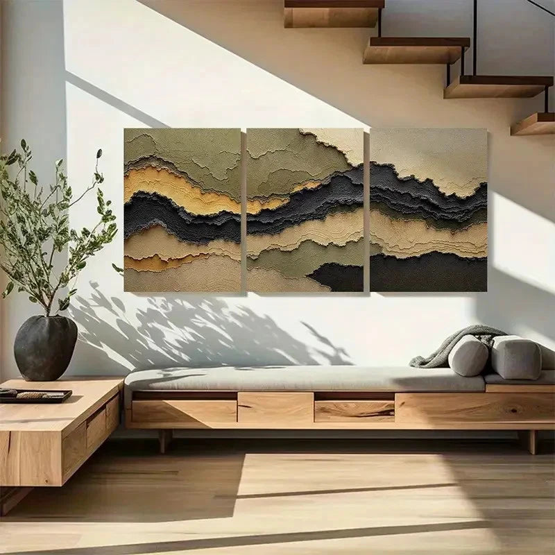 3pcs Olive Green Mustard and Charcoal Wall Art Metal Print Ready to Hang Art