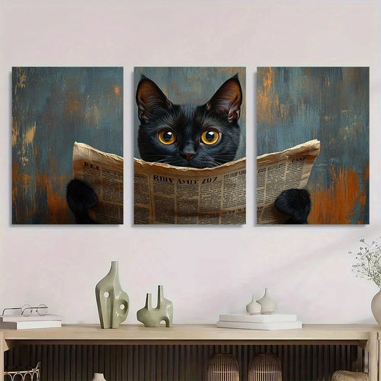 3pcs Black Cat Reading Newspaper Metal Print Ready to Hang Art