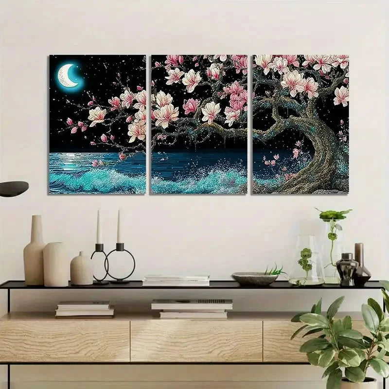 3pcs Moonlit Landscape With a Tree Painting Metal Print Ready to Hang Art