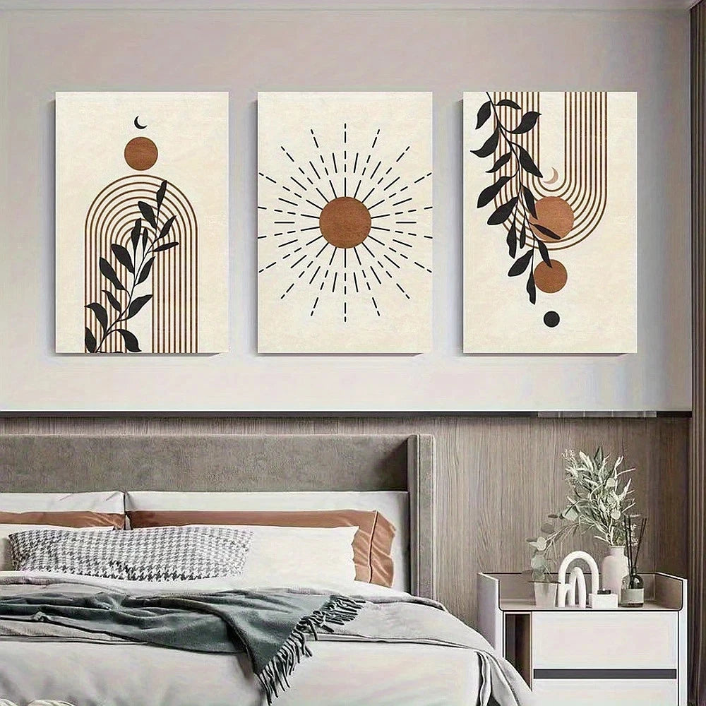 3pcs Abstract Geometric Moon and Leaf Design Metal Print Ready to Hang Art