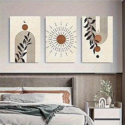 3pcs Abstract Geometric Moon and Leaf Design Metal Print Ready to Hang Art