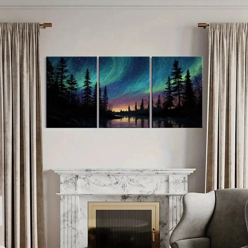3pcs Northern Lights Forest Night Sky Stars Metal Print Ready to Hang Art
