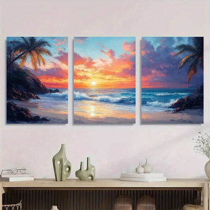 3pcs Tropical Beach Sunset Vibrant Palm Tree Metal Print Ready to Hang Art