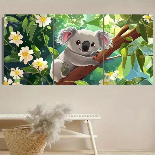 3pcs Cute Koala Bear in Tree with Flowers Wall Art Set Canvas Unframed - High Quality Print 100% Australian Made Wall Canvas