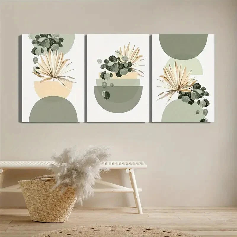3pcs Boho Style Sage Green Art Mid Century Modern Metal Print Ready to Hang Art