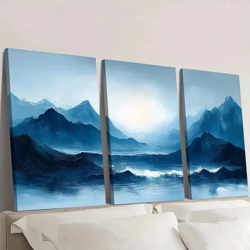 3pcs Blue Gray Pastel Abstract Mountain & Sea Wall Art Set Canvas Unframed - High Quality Print 100% Australian Made Wall Canvas