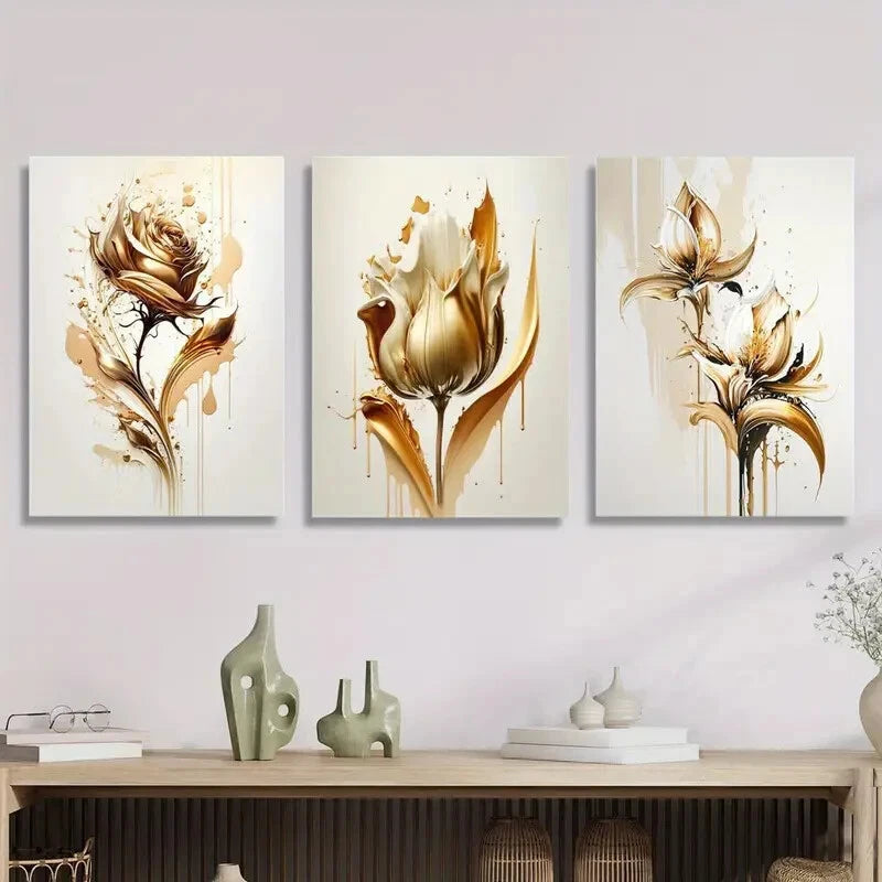 3pcs Golden floral art poster, golden rose Metal Print Ready to Hang Art