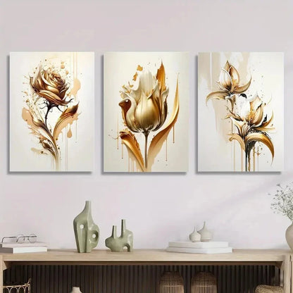3pcs Golden floral art poster, golden rose Metal Print Ready to Hang Art