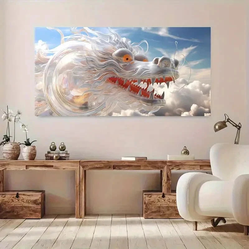 White Dragon Cloudy Sky wall canvas office home room framed 120x60cm - Bella Home Decor