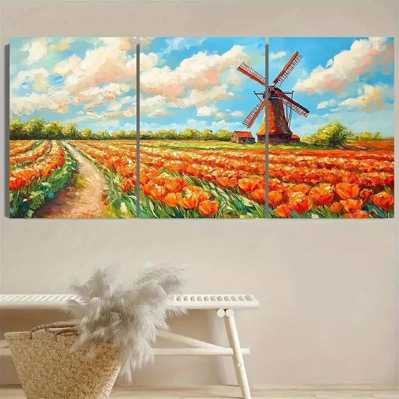 3pcs Windmill on Tulip Netherlands Holland Metal Print Ready to Hang Art