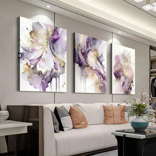 3pcs Purple And Golden Modern Decor Wall Art Set Canvas Framed 40x60cm - High Quality Print 100% Australian Made Wall Canvas Ready to Hang