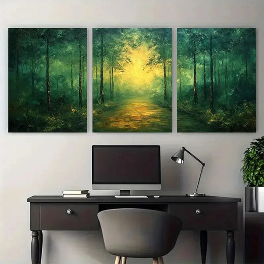 3pcs Modern Abstract Green Forest Landscape Metal Print Ready to Hang Art