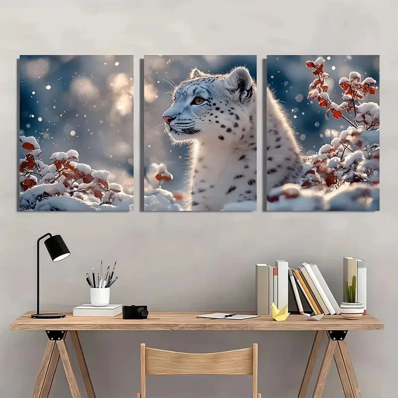 3pcs Elegant Light Snow Leopard Metal Print Ready to Hang Art