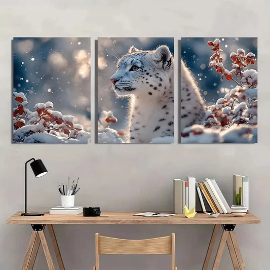 3pcs Elegant Light Snow Leopard Metal Print Ready to Hang Art