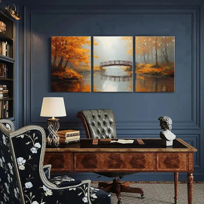 3pcs Serene River Autumn Forest Bridge Reflection Metal Print Ready to Hang Art