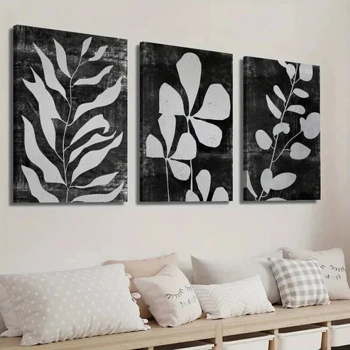 3pcs Black and White Abstract Leaf Botanical Wall Art Set Canvas Unframed - High Quality Print 100% Australian Made Wall Canvas