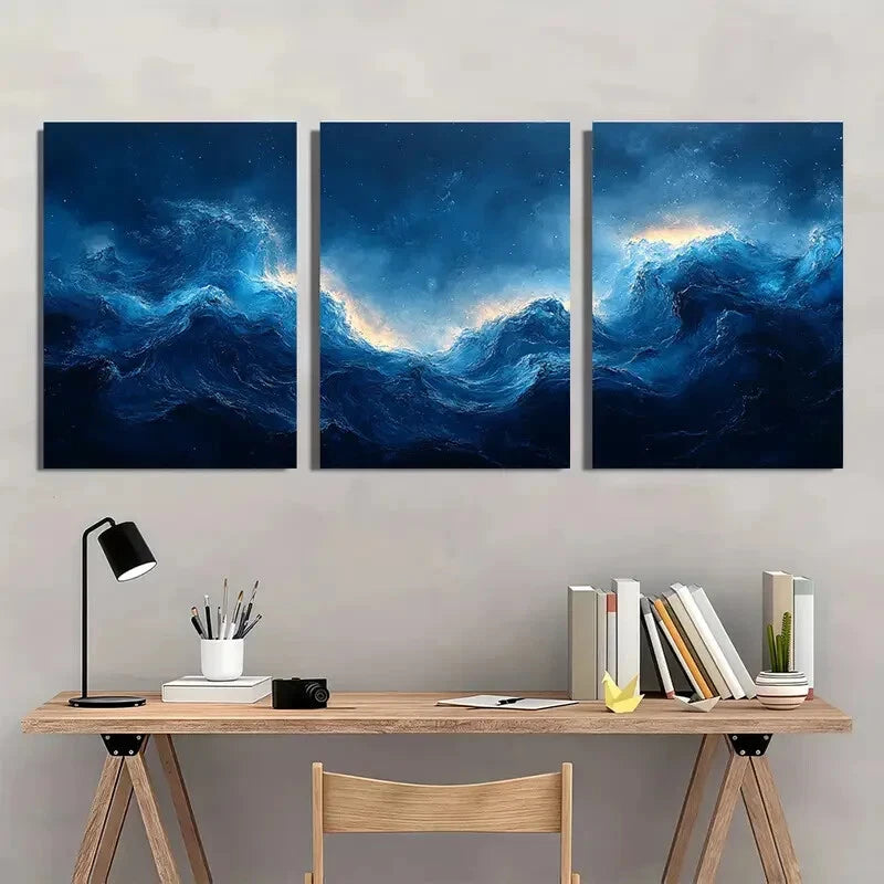 3pcs Abstract Ocean Waves Blue & Golden Hues Metal Print Ready to Hang Art
