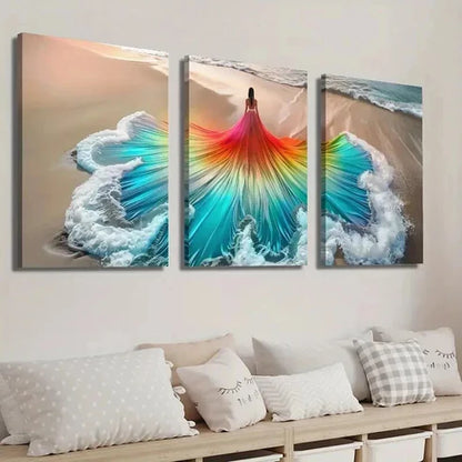 3pcs Beautiful Woman Art in Beach Wave Dress Wall Art Set Canvas Unframed - High Quality Print 100% Australian Made Wall Canvas