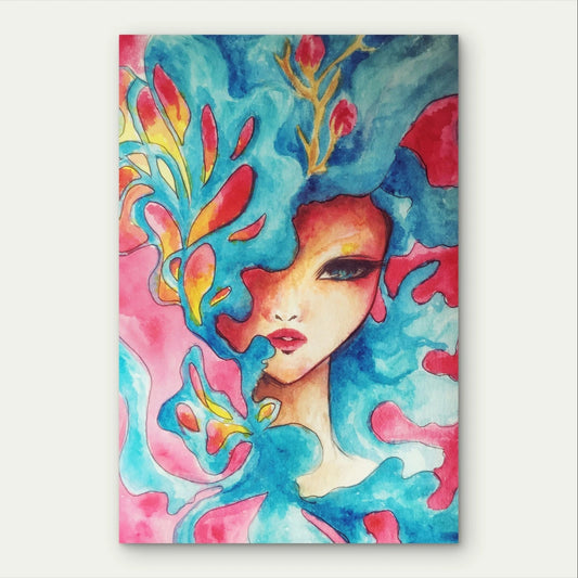 Vibrant Watercolour Woman Portrait Abstract 40x60cm Metal Print Ready to Hang