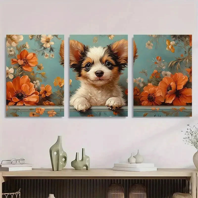 3pcs Adorable Puppy & Floral Modern Metal Print Ready to Hang Art