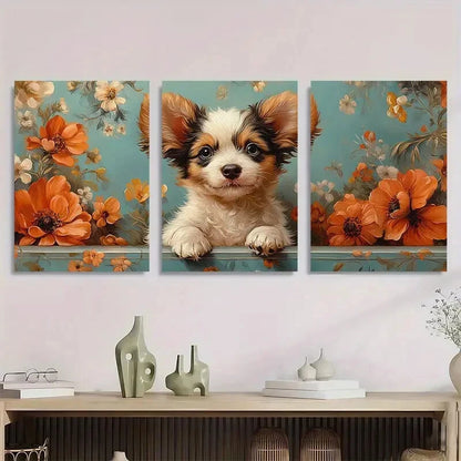 3pcs Adorable Puppy & Floral Modern Metal Print Ready to Hang Art