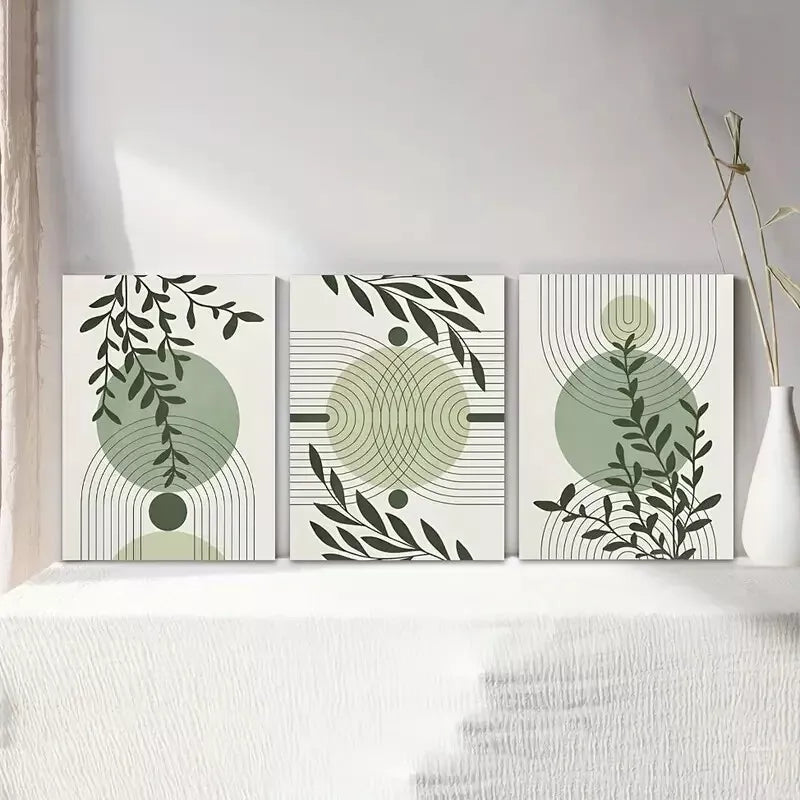 3pcs Abstract Geometric Prints in Green & Grey Canvas Framed 40x60cm - High Quality Print 100% Australian Made Wall Canvas Ready to Hang