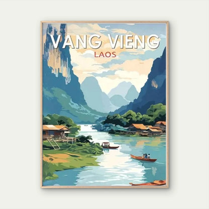 Laos Landscape Mekong River Lush Green Mountain Travel Poster Print Wall Art