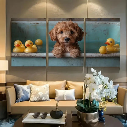 3pcs Adorable Golden Doodle with Rubber Ducks Metal Print Ready to Hang Art